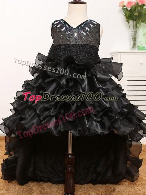 Black A-line V-neck Sleeveless Organza High Low Zipper Beading and Ruffles and Bowknot Child Pageant Dress
