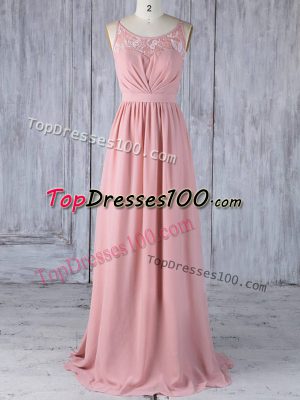 Empire Court Dresses for Sweet 16 Pink Scoop Chiffon Sleeveless Floor Length Criss Cross