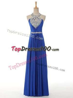 Chic Royal Blue Empire Elastic Woven Satin Halter Top Sleeveless Beading and Ruching Floor Length Zipper Dress for Prom