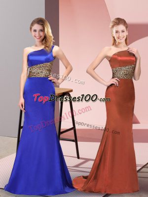 Stylish Royal Blue Elastic Woven Satin Side Zipper Dress for Prom Sleeveless Floor Length Pattern