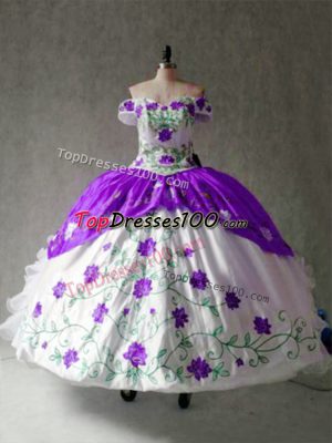 White And Purple Cap Sleeves Organza and Taffeta Lace Up Ball Gown Prom Dress for Military Ball and Sweet 16 and Quinceanera