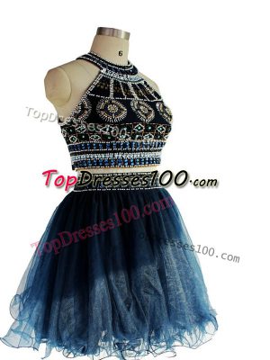 Sophisticated Navy Blue Halter Top Backless Beading Cocktail Dresses Sleeveless
