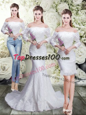 Fashion 3 4 Length Sleeve Lace Lace Up Wedding Gown with White Brush Train