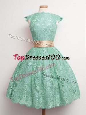 Turquoise Square Lace Up Belt Bridesmaid Gown Cap Sleeves