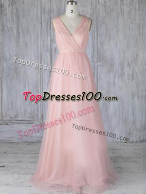 Latest Baby Pink Sleeveless Tulle Zipper Bridesmaid Dresses for Prom and Party and Wedding Party