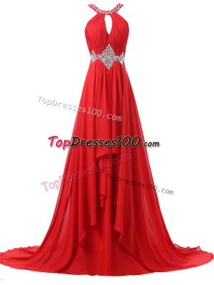 New Style Halter Top Sleeveless Evening Gowns Brush Train Beading and Ruching Red Chiffon