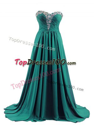 Excellent Turquoise Homecoming Dresses Elastic Woven Satin Brush Train Sleeveless Beading