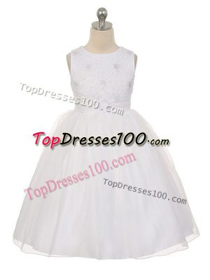 Spectacular White Tulle Lace Up Scoop Sleeveless Knee Length Flower Girl Dress Beading