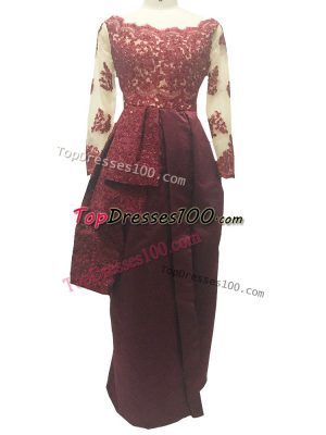 Burgundy Scalloped Neckline Lace and Appliques Mother Dresses Long Sleeves Zipper