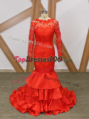 Nice Red Evening Wear Prom and Military Ball and Wedding Party with Lace and Appliques Scoop Long Sleeves Backless