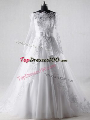 New Arrival White Zipper Wedding Gowns Lace and Belt Long Sleeves Brush Train