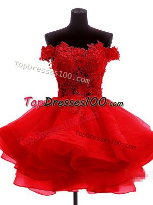 Organza Off The Shoulder Sleeveless Zipper Lace and Appliques and Ruffles Cocktail Dresses in Red
