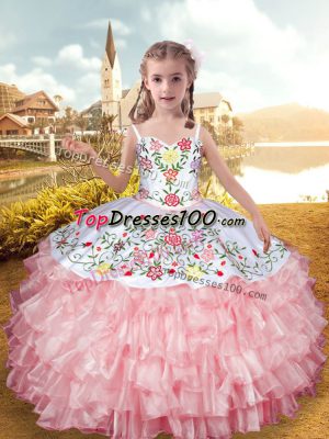 New Style Baby Pink Straps Lace Up Embroidery and Ruffled Layers Pageant Gowns For Girls Sleeveless