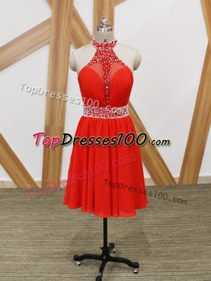Amazing Halter Top Sleeveless Evening Dress Beading and Ruching Coral Red Chiffon