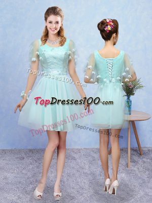 Chic Aqua Blue Lace Up Scoop Appliques Bridesmaid Gown Tulle Sleeveless