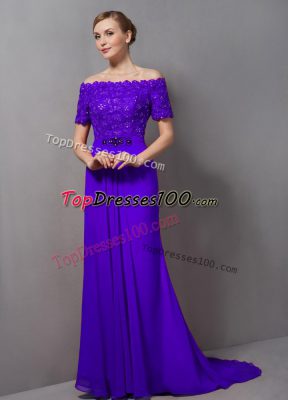 Dramatic Zipper Mother of Groom Dress Purple for Prom and Party with Lace Sweep Train