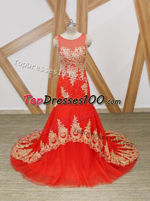 Dynamic Coral Red Scoop Neckline Beading and Lace and Appliques Prom Dress Sleeveless Zipper