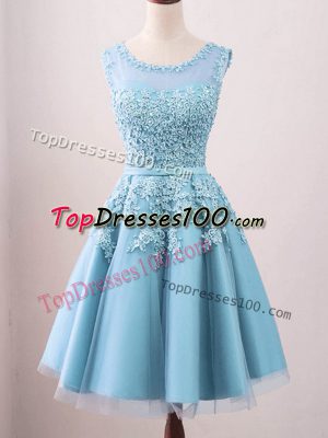 Elegant Aqua Blue A-line Lace Dama Dress Zipper Tulle Sleeveless Knee Length