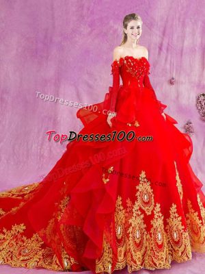Fantastic Red Off The Shoulder Neckline Appliques and Ruffles Sweet 16 Dress Sleeveless Lace Up