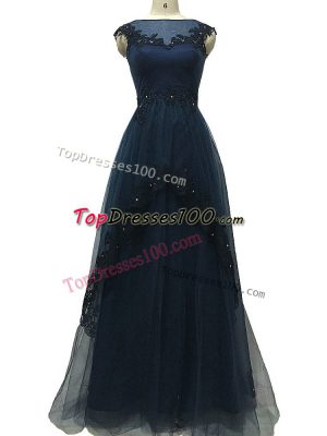 Navy Blue Tulle Zipper Mother of Bride Dresses Sleeveless Floor Length Lace and Appliques