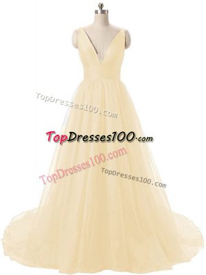 Luxury Light Yellow A-line V-neck Sleeveless Organza Brush Train Backless Ruching Prom Evening Gown