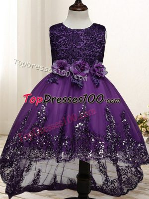 High End Lace and Appliques and Bowknot and Hand Made Flower Little Girls Pageant Dress Wholesale Dark Purple Zipper Sleeveless High Low