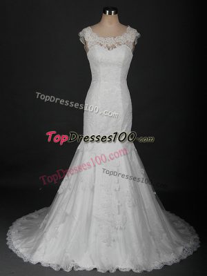 Sleeveless Brush Train Clasp Handle Beading and Lace Wedding Dress