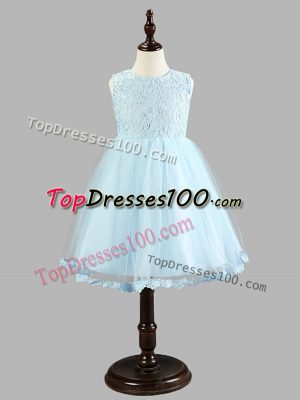 Tulle Scoop Sleeveless Zipper Lace and Bowknot Flower Girl Dress in Light Blue