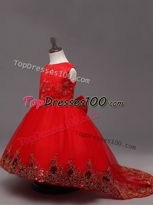 On Sale Red Sleeveless Lace and Bowknot High Low Little Girls Pageant Dress