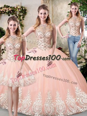 New Arrival Peach High-neck Backless Beading and Lace and Appliques Ball Gown Prom Dress Sleeveless