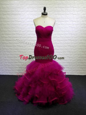 Customized Fuchsia Lace Up Dress for Prom Beading and Ruching Sleeveless Brush Train