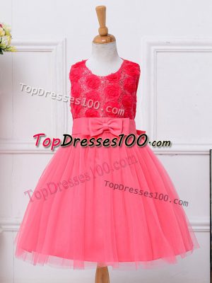 Hot Pink Ball Gowns Tulle Scoop Sleeveless Bowknot Knee Length Lace Up Toddler Flower Girl Dress
