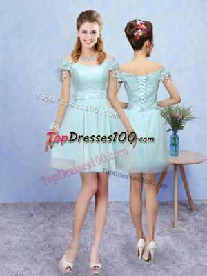 Pretty A-line Court Dresses for Sweet 16 Aqua Blue V-neck Tulle Short Sleeves Mini Length Lace Up