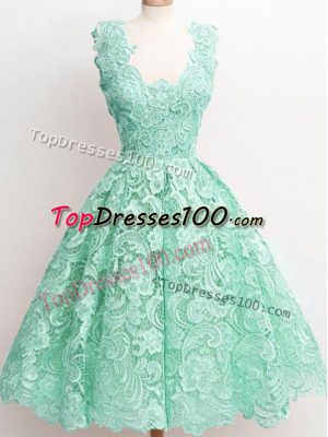Best Selling Apple Green A-line Straps Sleeveless Lace Knee Length Zipper Lace Quinceanera Court of Honor Dress