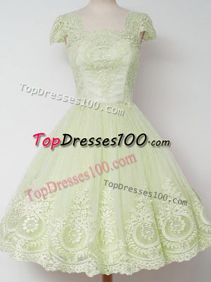 Custom Made Yellow Green Cap Sleeves Knee Length Lace Zipper Bridesmaids Dress