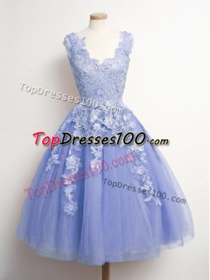 Fitting Lavender V-neck Neckline Appliques Court Dresses for Sweet 16 Sleeveless Lace Up