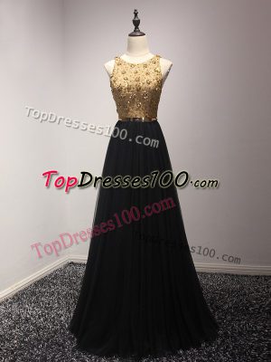 Black Scoop Neckline Beading and Lace and Appliques Prom Gown Sleeveless Lace Up