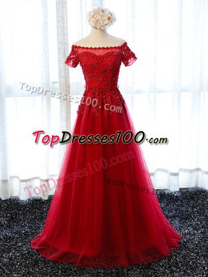 Off The Shoulder Short Sleeves Lace Up Red Tulle