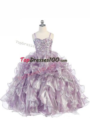 Lavender Organza Lace Up Girls Pageant Dresses Sleeveless Floor Length Beading and Ruffles