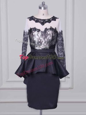Black Satin Zipper Scoop Long Sleeves Mini Length Mother of Groom Dress Lace and Appliques