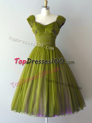 Customized Olive Green Cap Sleeves Ruching Knee Length Court Dresses for Sweet 16
