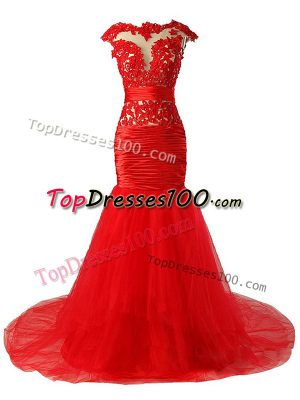 Modest Tulle Scoop Cap Sleeves Brush Train Zipper Lace and Appliques and Ruching Prom Dresses in Red