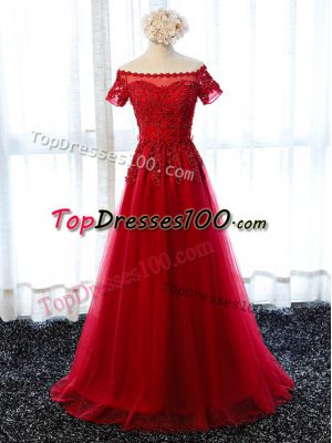 Super A-line Homecoming Gowns Wine Red Scalloped Tulle Short Sleeves Floor Length Lace Up