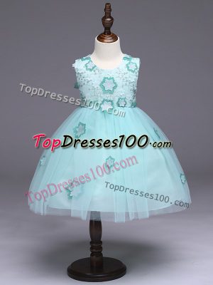 Appliques and Bowknot Flower Girl Dresses Apple Green Zipper Sleeveless Knee Length