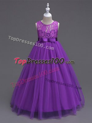 Excellent Purple Tulle Zipper Little Girls Pageant Dress Sleeveless Floor Length Lace