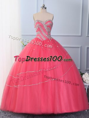 Top Selling Sweetheart Sleeveless 15th Birthday Dress Floor Length Beading Hot Pink Tulle