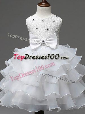Amazing White Organza Zipper Scoop Sleeveless Knee Length Kids Pageant Dress Lace and Ruffled Layers and Bowknot