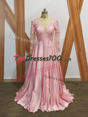 Baby Pink Empire Scoop Long Sleeves Elastic Woven Satin Backless Beading and Appliques Mother of Groom Dress
