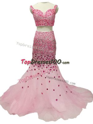 Hot Selling Beading Red Carpet Prom Dress Baby Pink Zipper Sleeveless Brush Train