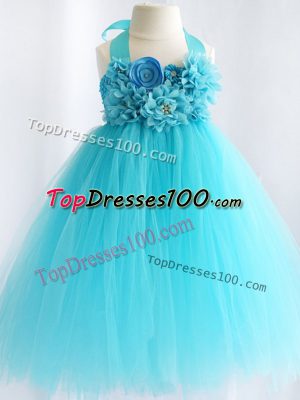 Aqua Blue A-line Halter Top Sleeveless Tulle Knee Length Side Zipper Hand Made Flower Teens Party Dress